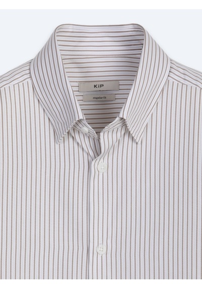 Kip Bej Çizgili Regular Fit Uzun Dokuma Casual %100 Pamuk Gömlek