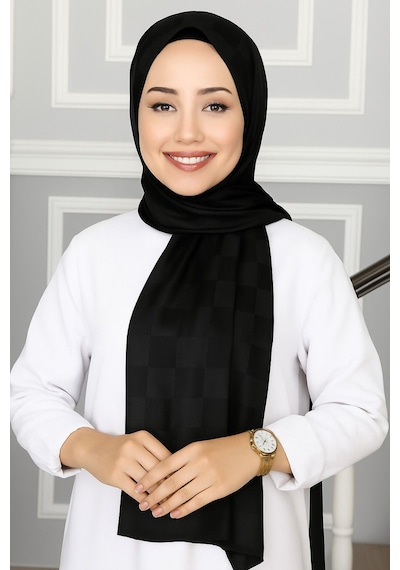 Mim Eşarp Emproyal Silver Jakar Dama Desenli Şal 75x190 Cm Siyah