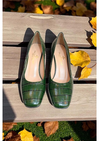 Tufan Shoes Yeşil Krokodil Hakiki Deri Topuklu Ayakkabı YESIL