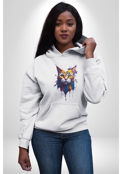 Şimşek Yağmur Kedi Kadın Erkek Beyaz Kapüşonlu Sweatshirt Hoodie Beyaz