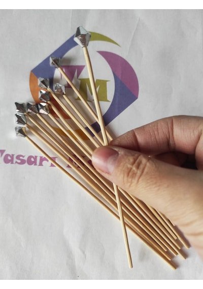 15 Cm Uzun Kürdan - 30 Adet Gümüş Piramit Boncuklu Kokteyl Karıştırıcı - Pasta Kürdanı