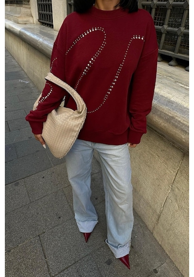 WeShaya Kadın Bordo Pamuklu Taşlı Oversize Sweatshirt Bordo
