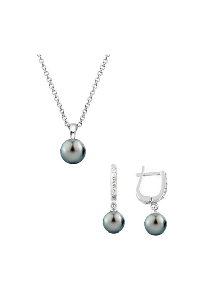 Gümüş Yuvarlak Model Kolye Küpe Siyah Inci Set 8 Mm