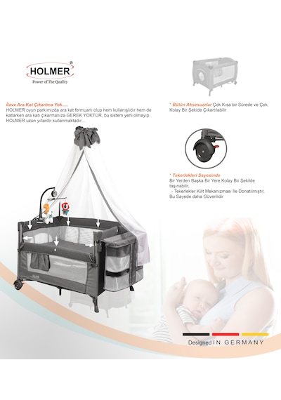 Holmer Coolstyle Premium Cibinlikli Dönenceli Anne Yanı Oyun Parkı Beşik 70x110cm Koyu Gri