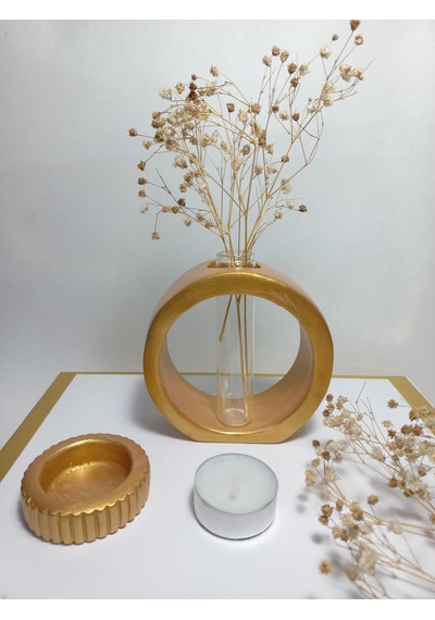 Dekoratif Vazo, Cam Tüplü, Yuvarlak Model Gold