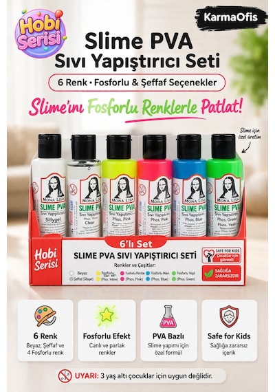 Slime Pva Sıvı Yapıştırıcı Seti 6 Lı Fosforlu & Şeffaf Renkler Çocuklar İçin Güvenli