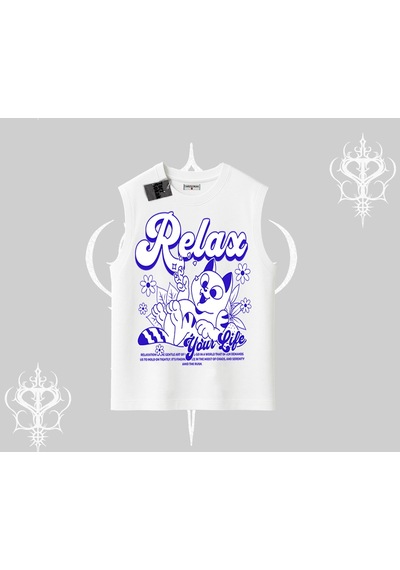 Tarzsokak Relax Kedi Baskılı Kolsuz Tshirt Beyaz