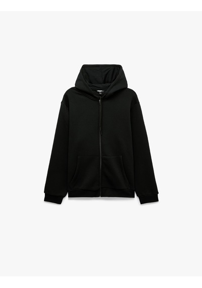 Koton Cepli Şardonlu Oversize Kapşonlu Fermuarlı Spor Sweatshirt Siyah 7wam70023nk