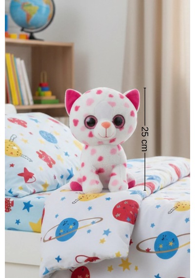 Kalpli Kedi Peluş Oyuncak 25 Cm İri Gözlü - Sevimli Zürafa Desenli, Yumuşacık Yüksek Kaliteli Gri - Yeşil