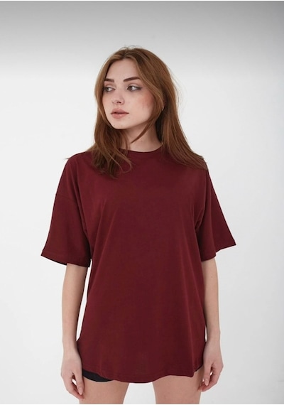 Soft&Basic Unisex Bordo Bisiklet Yaka Pamuk Oversize Boyfriend T-shirt Bordo
