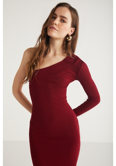 Ethıquet Reddısh Kadın Slim Fit Dar Kesim Vücudu Saran Kaşkorse Midi Boy Bordo Elbise