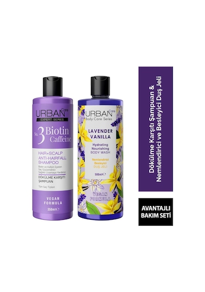 Urban Care Expert Lavender Vanilla Nemlendirici ve Besleyici Duş Jeli 500 ML + Biotin & Caffein Şampuan 350 ML