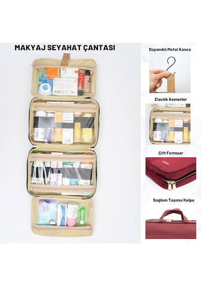 Xmlbayiciniz Lifezon Makyaj Seyahat Çantası Bavul Düzenleyici Makyaj Bavulu Çanta Kozmetik Bakım Çantası Bordo Çok Renkli