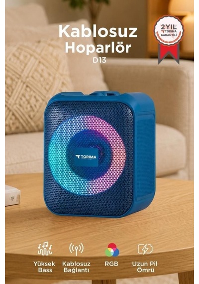 Kablosuz Alet Ses Sistemi Bluetooth Hoparlör Rgb Işıklı Taşınabilir Speaker D13 Mavi