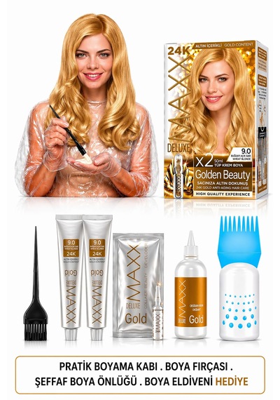 Maxx Deluxe Golden Beauty Set Saç Boyası 9.0 Buğday Sarısı 2li + Fırça+pratik Boya Kabı