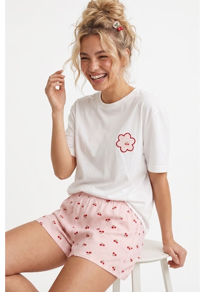 Siyah İnci Ekose Kareli Üst Cep Nakışlı İnce Soft Örme Şort Pijama Takımı 8042 Somon Ekru Ekose