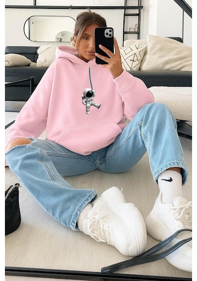 Benroma 3 İplik Penye Astronot Unisex Kapüşonlu Sweat Pembe