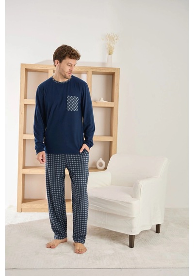 Pijamoni Erkek Bisiklet Yaka Cep Detaylı Lacivert Pijama Takımı Lacivert