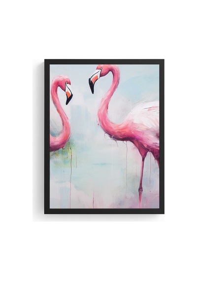 Doğal Ahşap Çerçeveli Flamingo Desenli Tablo - Pastel Tonlar Huhu1303