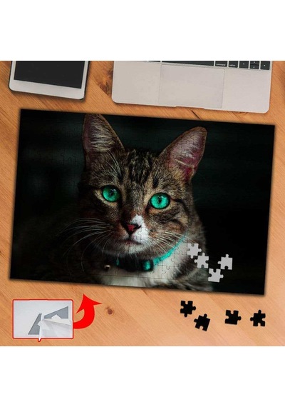 Yeşil Gözlü Sevimli Kedi 240 Parça Puzzle Yapboz Tablo-3674