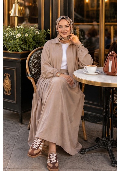 Hb Harma Time Butik Kadın Fermuarlı Çilek Kumaş Bej Ceket Etek İkili Takım