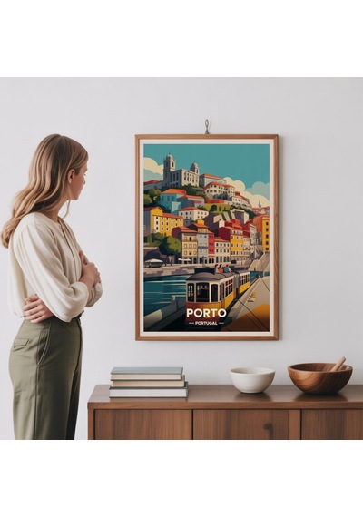 Porto Seyahat Posteri Portekiz Şehir Manzarası Sanatı Douro Nehri İllüstrasyonu Çerçeveli Baskı