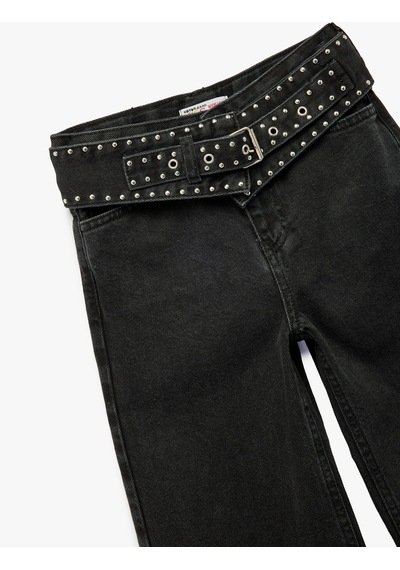 Koton Kemerli Zımba Detaylı Pamuklu Geniş Paça Denim Pantolon Siyah 7wkg40004ad
