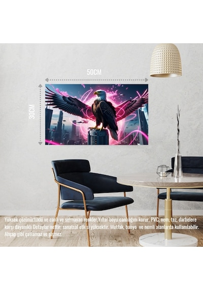 Kartal Fütüristik Bir Şehirde Neon Parıltı Stili 01 Çerçevesiz 50x30 Cm Pvc Tablo