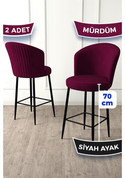 Canisa Fora Serisi 2 Adet Mürdüm Sandalye Ada Mutfak Bar Sandalyesi Babyface Kumaş Siyah Metal Ayak Sandalye Mürdüm Ayaklar Siyah