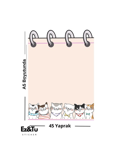 Kedili A5 Spiral Görünümlü Not Defteri 45 Yaprak Cute Cats Çok Renkli