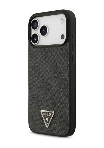 Apple iPhone Uyumlu 18 Pro Max Kılıf Guess Lisanslı Pu Deri Taşlı Üçgen Logo 4g Desenli Strass Kapak Siyah
