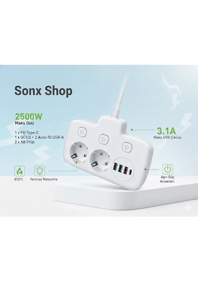 Büro Ev Ofis Cihazları İçin 2mt 2500w 3usb 1typec Akım Korumalı Çoklu Hızlı Şarj Uzatma Kablosu Diğer