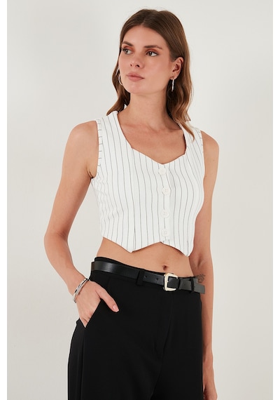 Lela Slim Fit Kalp Yaka Düğmeli Kalın Askılı Crop Bayan Yelek 5865497 Siyah Çizgili
