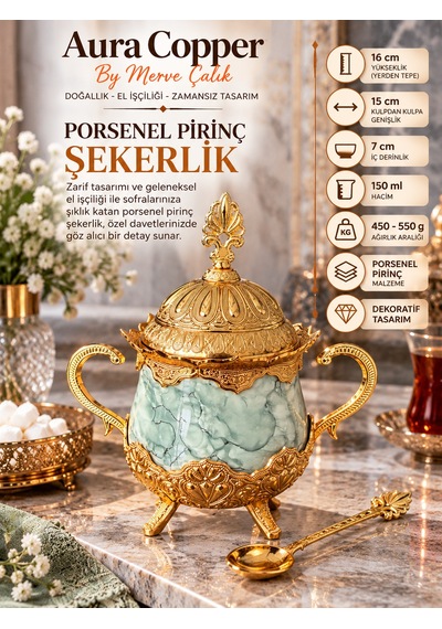 Aura Copper Porselen Pirinç Şekerlik 150 Ml Kapaklı Kaşıklı Kulplu Ayaklı Lokumluk Yeşil Gold
