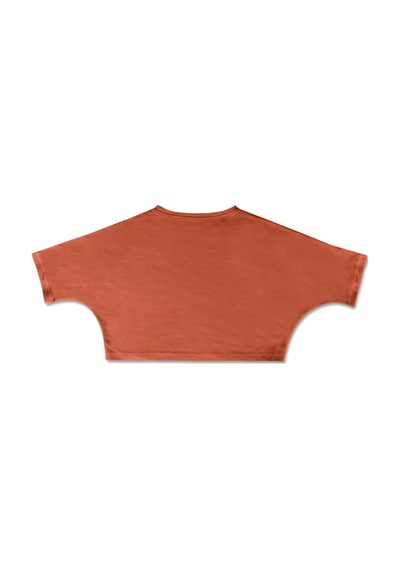 Kiremit Bisiklet Yaka Rahat Kalıp Yarasa Kol Pike Kadın Crop T-shirt KIREMIT