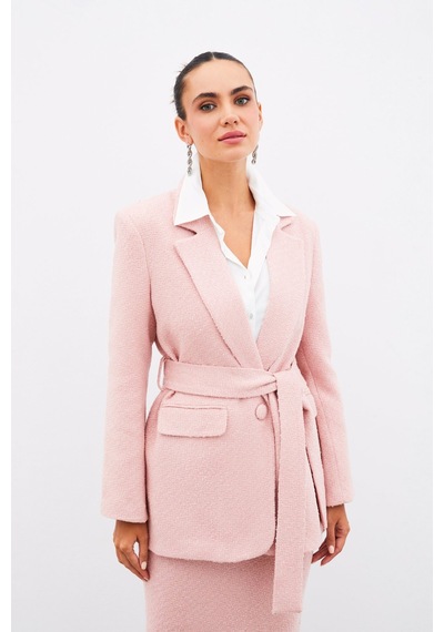 Sateen Kuşaklı Tüvit Ceket - Pudra-135021 Pudra