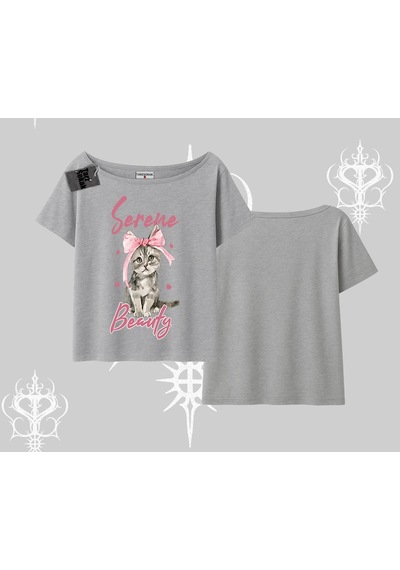 Startmore Startmore Serene Beauty Kedi Baskılı Kayık Yaka Tshirt Gri