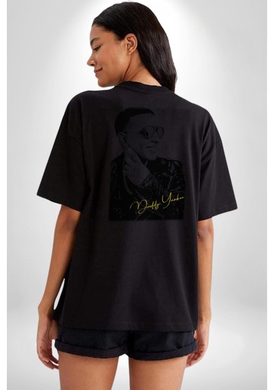 Daddy Yankee Müzik Star Pamuklu Unisex Oversize Sırt Dijital Baskılı Siyah T-shirt Siyah