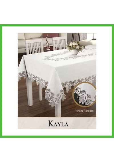 Vaveni Kayla Model Krem Keten Masa Örtüsü 155x260 Cm Dantel Şık Yemek Masası Örtüsü Arz