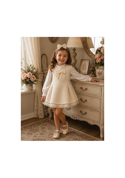 Ministok Pearl Grace Saç Aksesuarlı Blüz Ve Jileden Oluşan 3'lü Kız Çocuk Takım Ekru