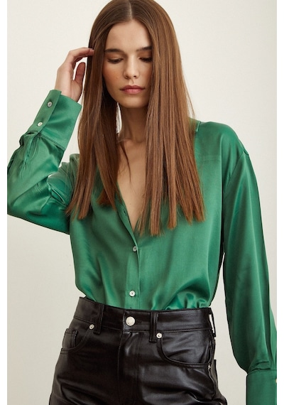 Never More Saten Gömlek Benetton Yeşili Yeşil