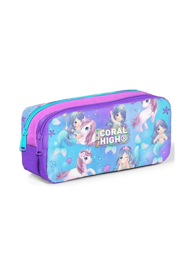 Coral High Kız Çocuk Üç Gözlü İlkokul Çanta Seti - Mor Pembe Unicorn Desenli