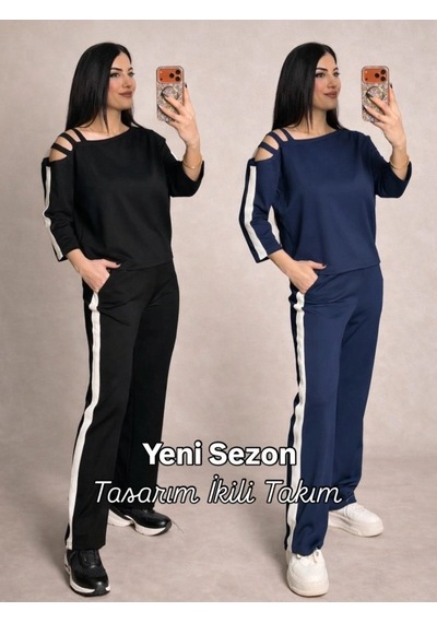 Defymoda Kadın Uzun Kollu Kolu Tül Yanları Şerit Detay Modal Ikili Takım Mavi