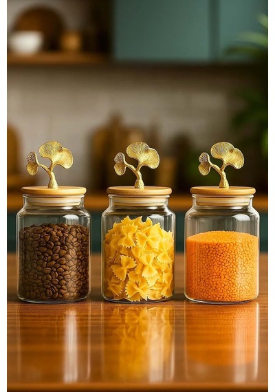 3 Lü Bambu Kapaklı Ginkgo Figürlü Kavanoz Seti - Orta Boy Saklama Kabı 890ml Açık Kahverengi