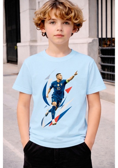 Stil-x Mbappe Baskılı Erkek Çocuk Tshırt, %100 Pamuklu Soft Kumaş Mavi-4