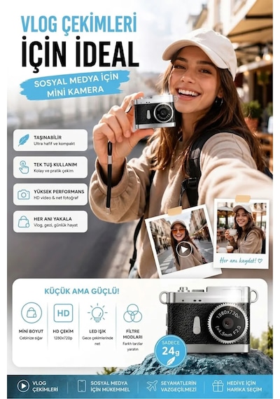 Ezere Pixcam Vintage Taşınabilir Mini Dijital Kamera Selfie Video Vlog Kamerası Mini Anahtarlık 1080p- 5775