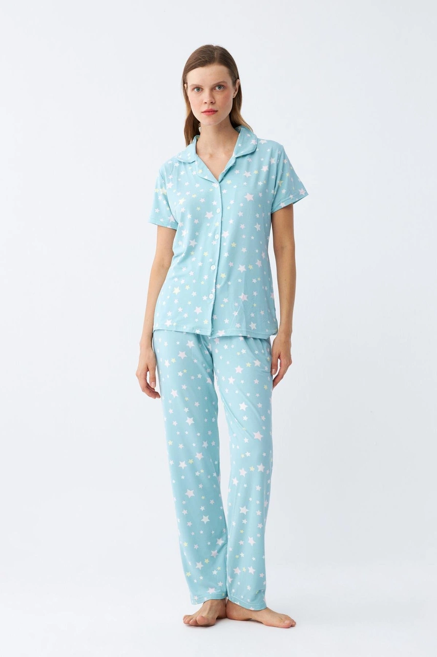 Akbeniz Kadın Buz Mavisi Yıldız Desenli Önden Düğmeli Pijama Takımı Buz Mavisi