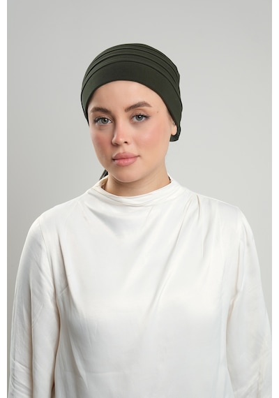 Hürrem Bone Haki Pratik Hazır Geçmeli Tesettür Bone Sandy Kumaş Pileli Nervür Haki