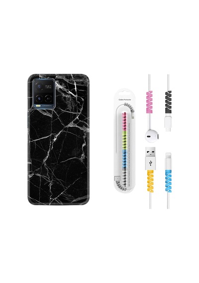 Vivo V21 Kılıf Kablo Koruyuculu Fragile Black Mermer 1378
