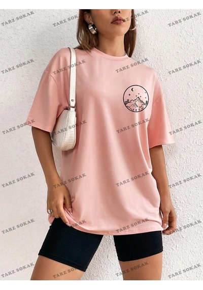 Flood Of Style Unisex Bay Güneş Ve Ay Desenli Düşük Omuz Tişört Kod-1350 Pembe